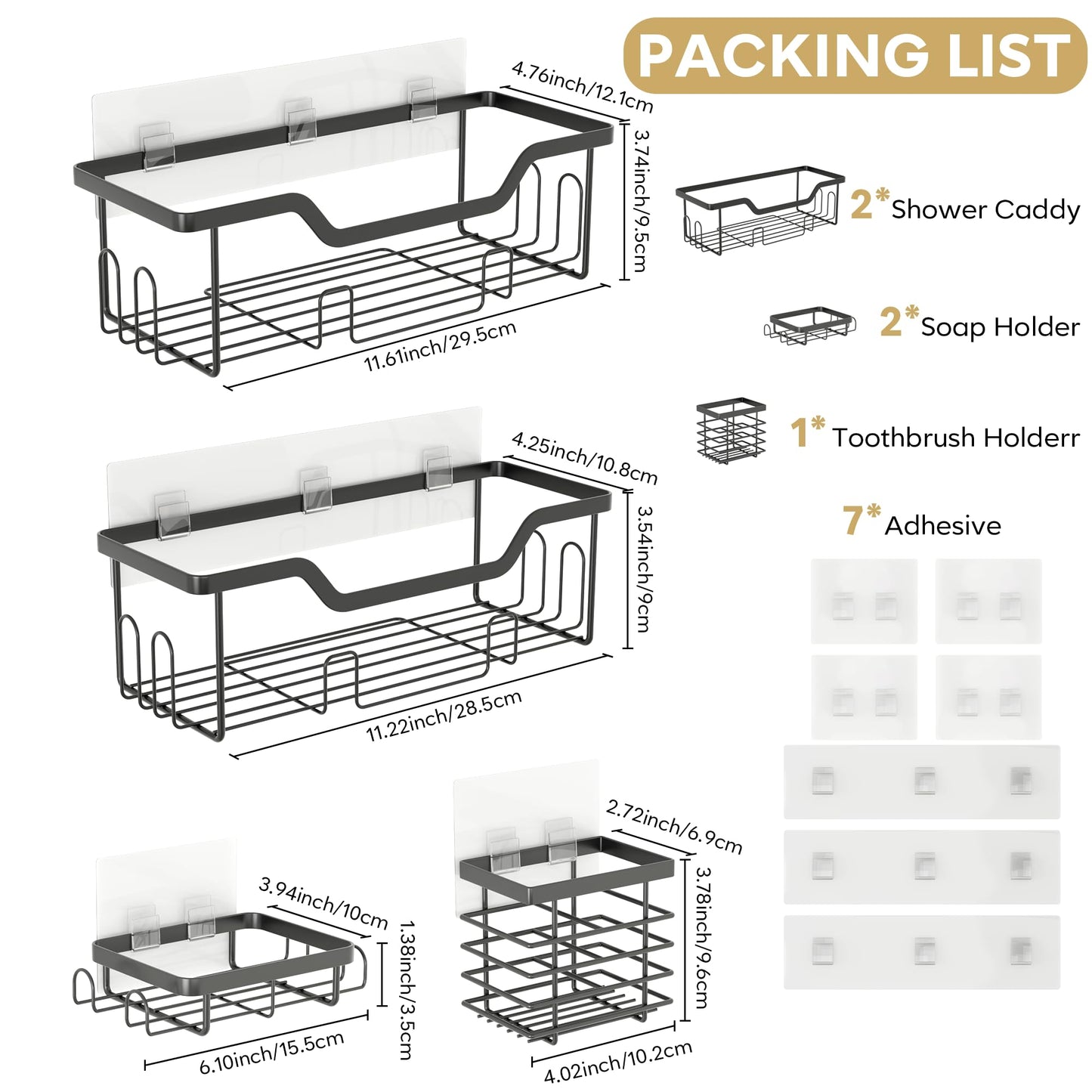 Cubbiesavor Shower Caddy 5 Pack, Stainless Steel Shower Shelf No Drilling with Toothbrush, Razor and Soap Holder Set, Black Bathroom Accessories