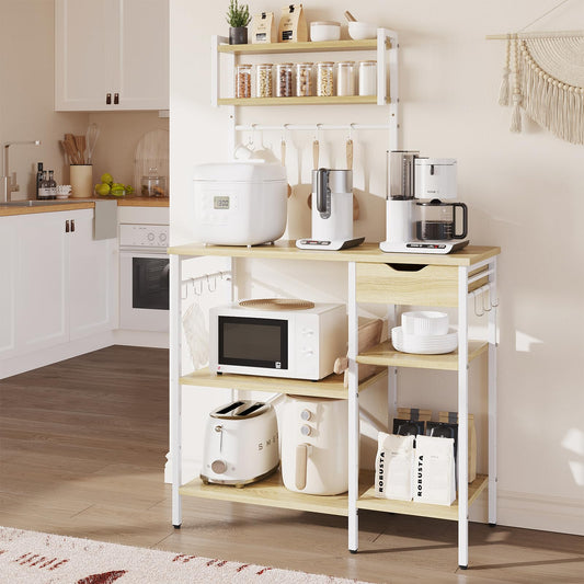 Bestier Microwave Oven Rack, 90cm Large Size, with 2 Height-Adjustable and Removable Shelves, Drawers, 10 S-Hooks, Kitchen Storage Rack Oak