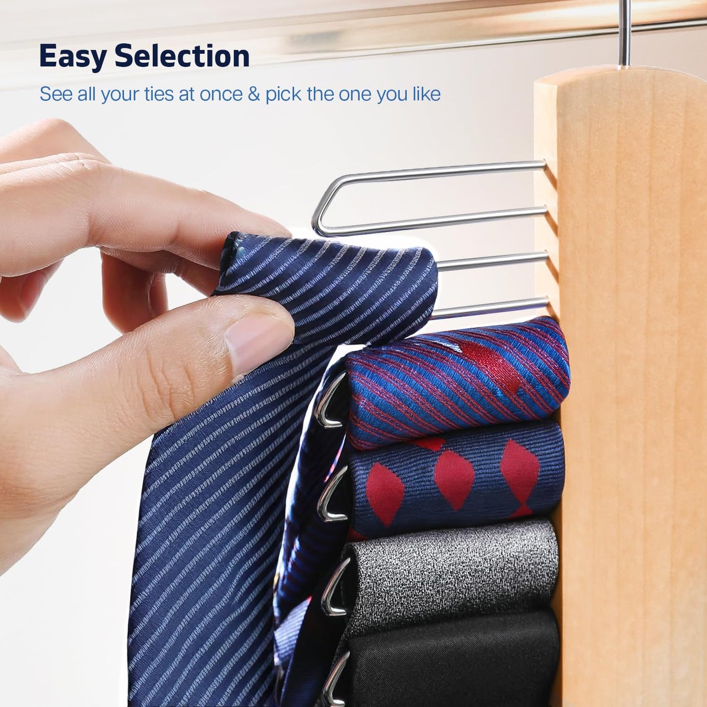 Tie Hanger for Wardrobe | Wooden Tie Organiser for Men with 20 Non-Slip Chrome Bars