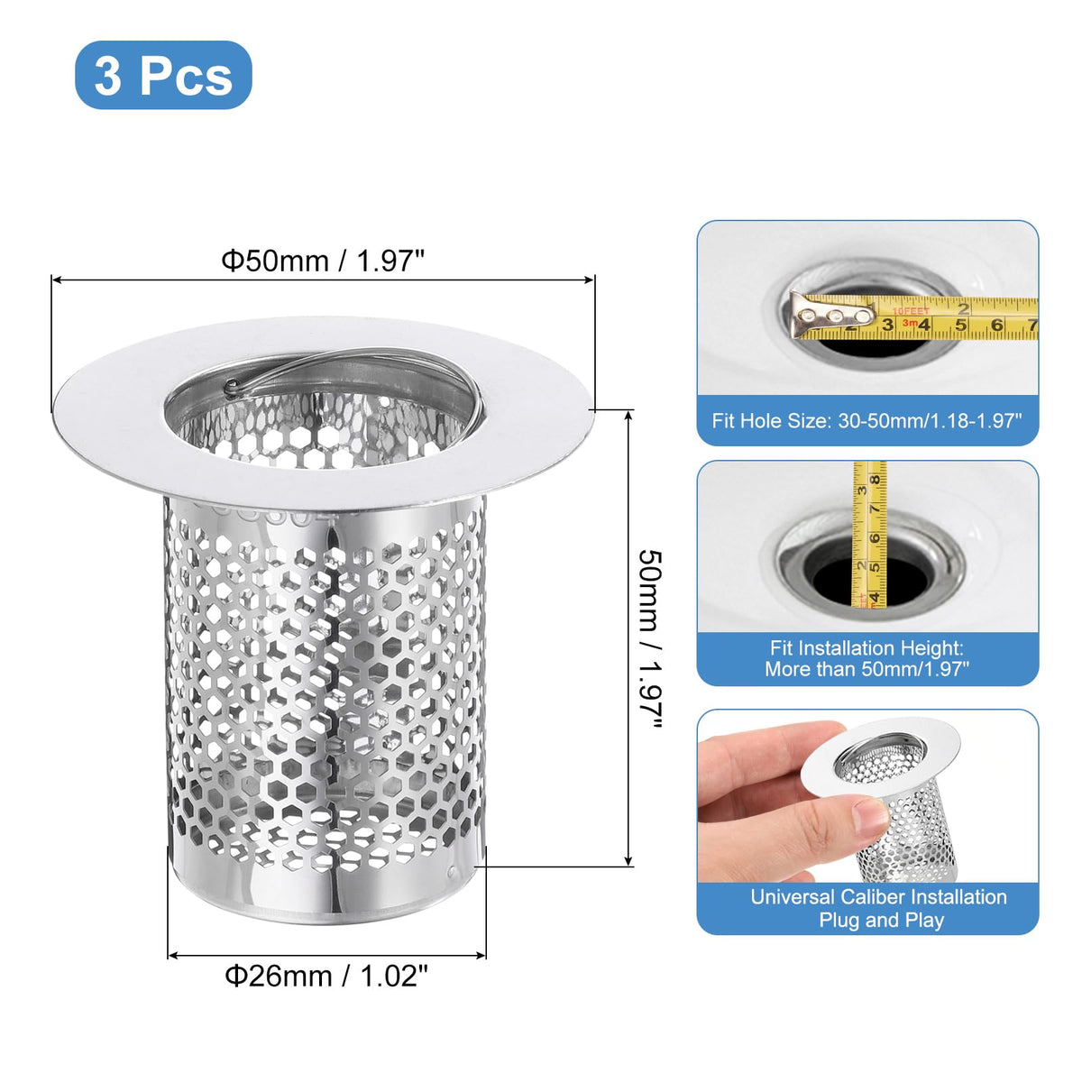 sourcing map 4 Pack Shower Drain Strainer, 2" x 2" 304 Stainless Steel Floor Drain Strainer Deep Sink Hair Catcher for Kitchen Bathroom Balcony Floor