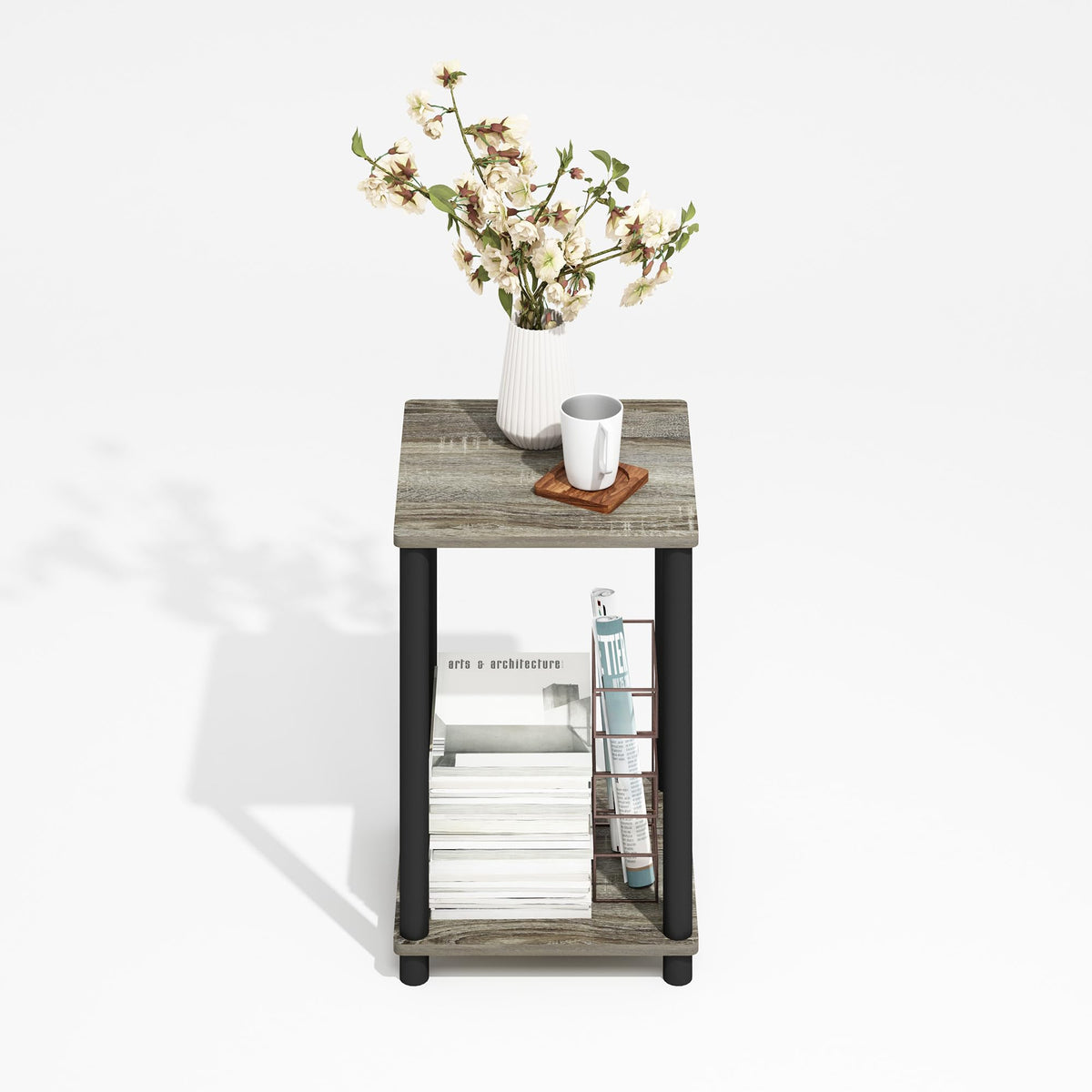 Furinno MODERN Side Table, 2-Tier Square Top End Table with Open Shelf, Toolless Night Stand, Bedside Table, for Living Room, Bedroom, Grey Oak