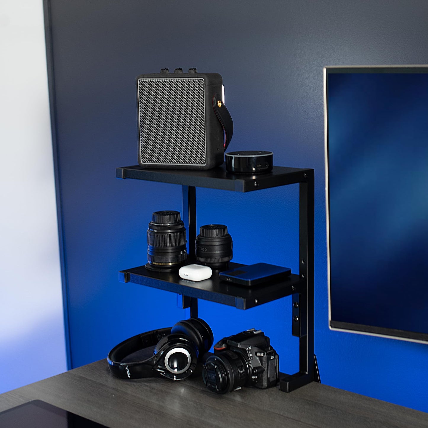 VIVO Clamp-on 33cm Above or Below Desk 2-Tier Shelving Unit for Table Accessories, Gaming Devices, and More, Storage Tray, Desktop Organizer, Black