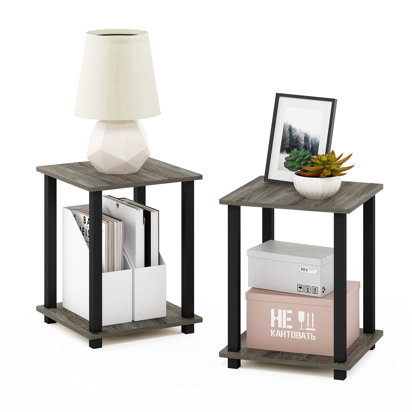 Furinno SIMPLISTIC Side Table Set of 2, 2-Tier End Table, Nightstand, Night Stand, Bedside Table, Easy Assembly, for Living Room, Bedroom, French Oak