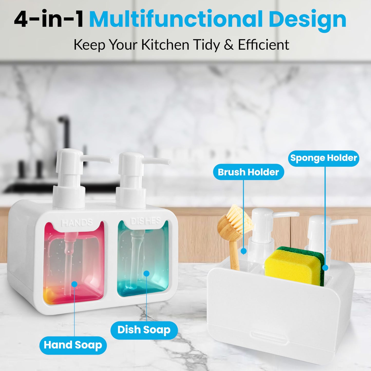 4-in-1 Kitchen Soap Dispenser Set - Dual Hand & Dish Soap Dispenser with Sponge Caddy & Brush Holder - Kitchen Sink Organizer for Countertop (Whtie)