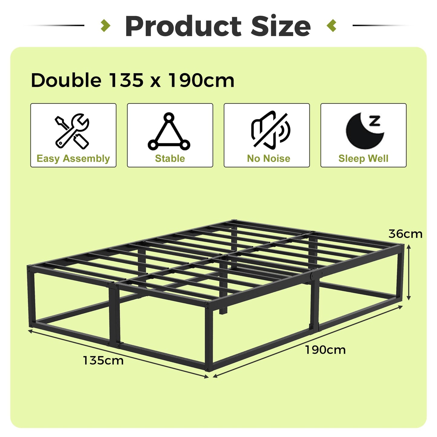 EMODA Double Bed Frame 36cm High with Steel Slats Support, Black
