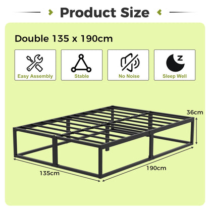 EMODA Double Bed Frame 36cm High with Steel Slats Support, Black