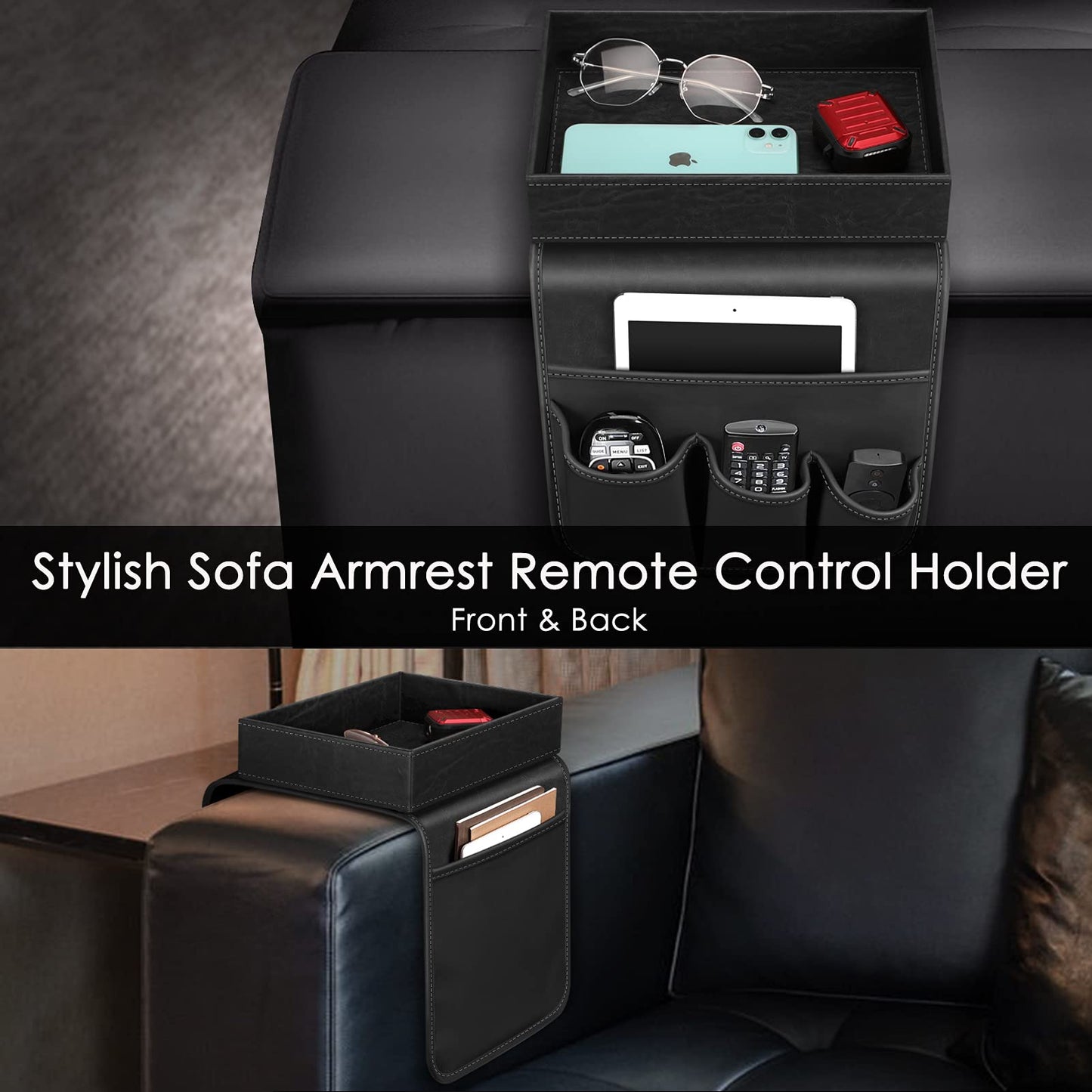 SITHON Sofa Remote Control Holder with Detachable Tray - [Non Slip], Black