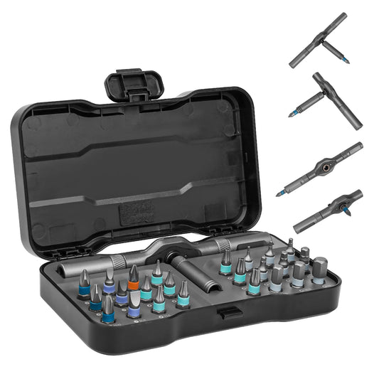 HYCHIKA 24 in 1 Ratchet Screwdriver Set - Mini Reversible Handle High Torque Ratchet Wrench Tight Quarter Right Angle Offset Screwdriver Bit Set