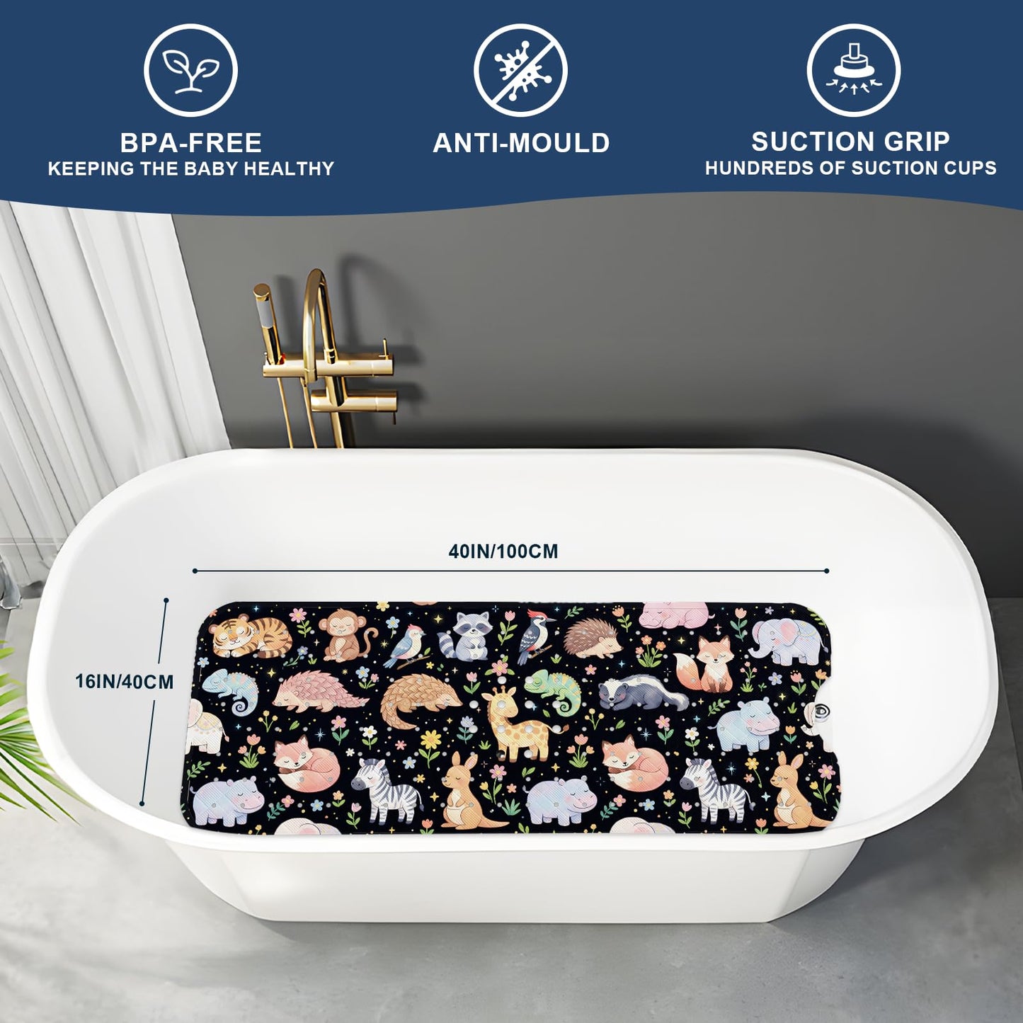 XIYUNTE Baby Bath Mats Non Slip Anti Mould, Cartoon Kids Bath Mat Non Slip, 100x40cm Extra Large Baby Shower Bath Mat with Suction Cups & Drain Holes