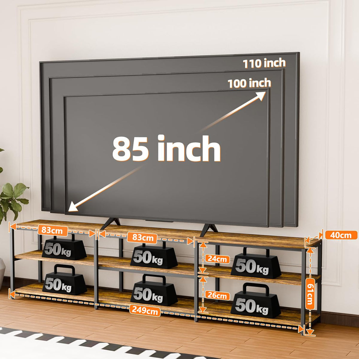 Aquzee 100 Inch TV Stand Cabinet, 249 cm Wide Large TV Unit for 85" - 110" TV, 3-Tier Wood TV Console Table with Open Storage Shelves