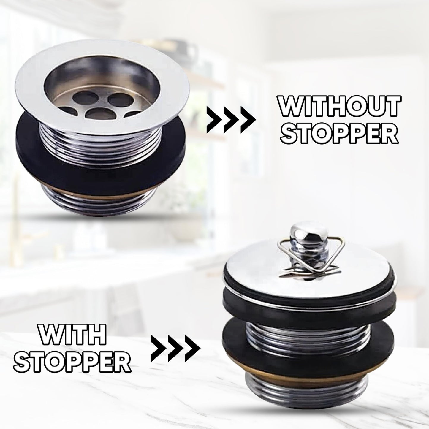 2PC Chrome Sink Plug with Chain for Bath or Kitchen - 45mm (1.3/4 Inch) with Ball Type and S Hook Shaped Chain Made of Stainless Steel 450mm (18 Inch)