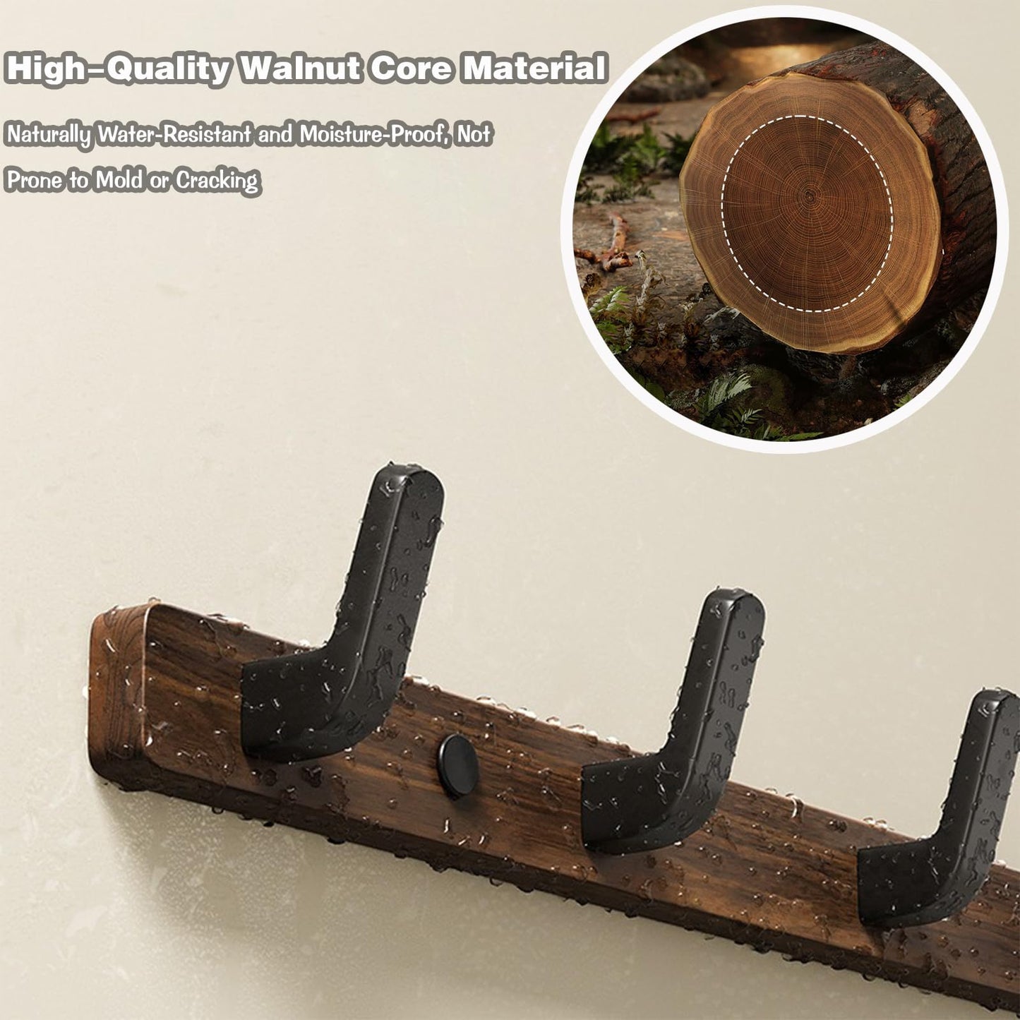 Lxoraziy Wall-Mounted Coat Rack - Walnut Coat Rack Hook, Heavy Duty Wooden Wall Coat Hanger with 3 Coat Hooks for Hanging Coats, Hats, Clothing