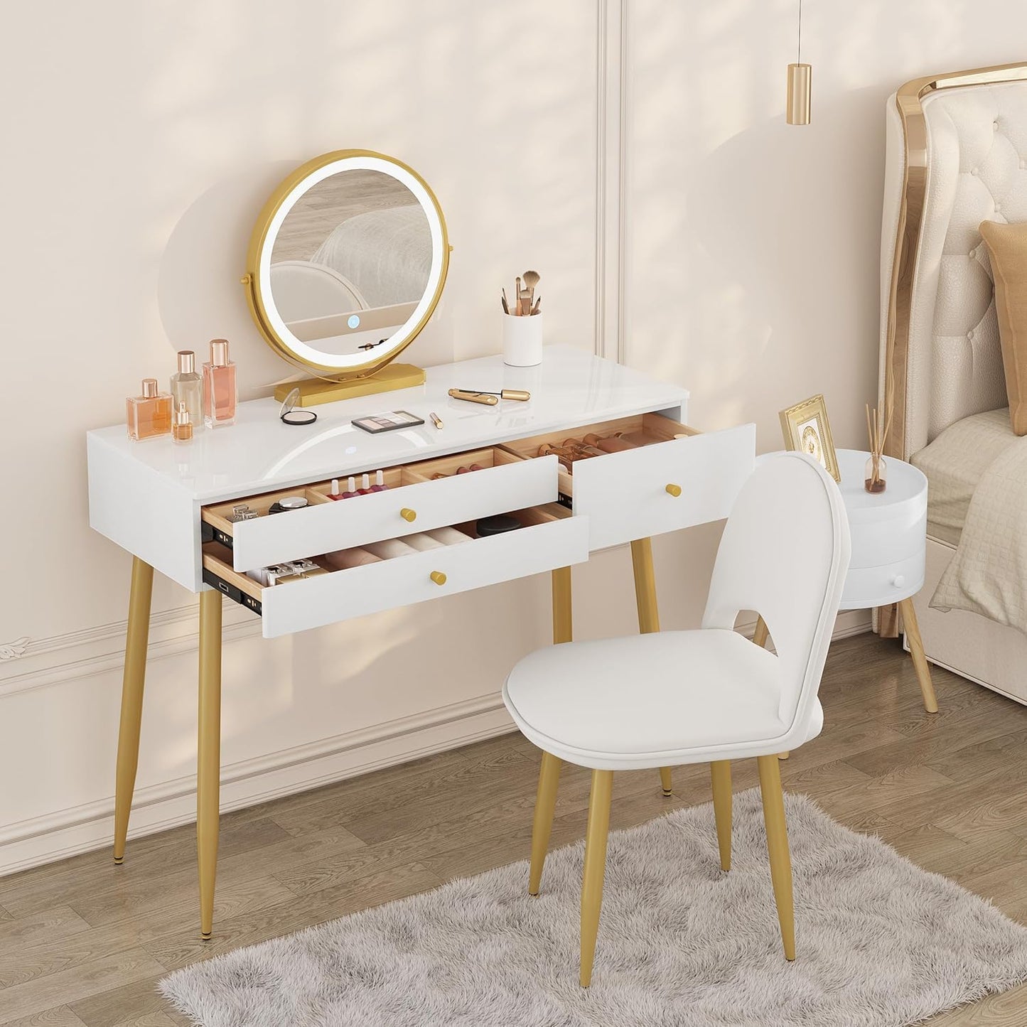 WOLTU Dressing Table with LED Mirror, Adjustable Brightness, White