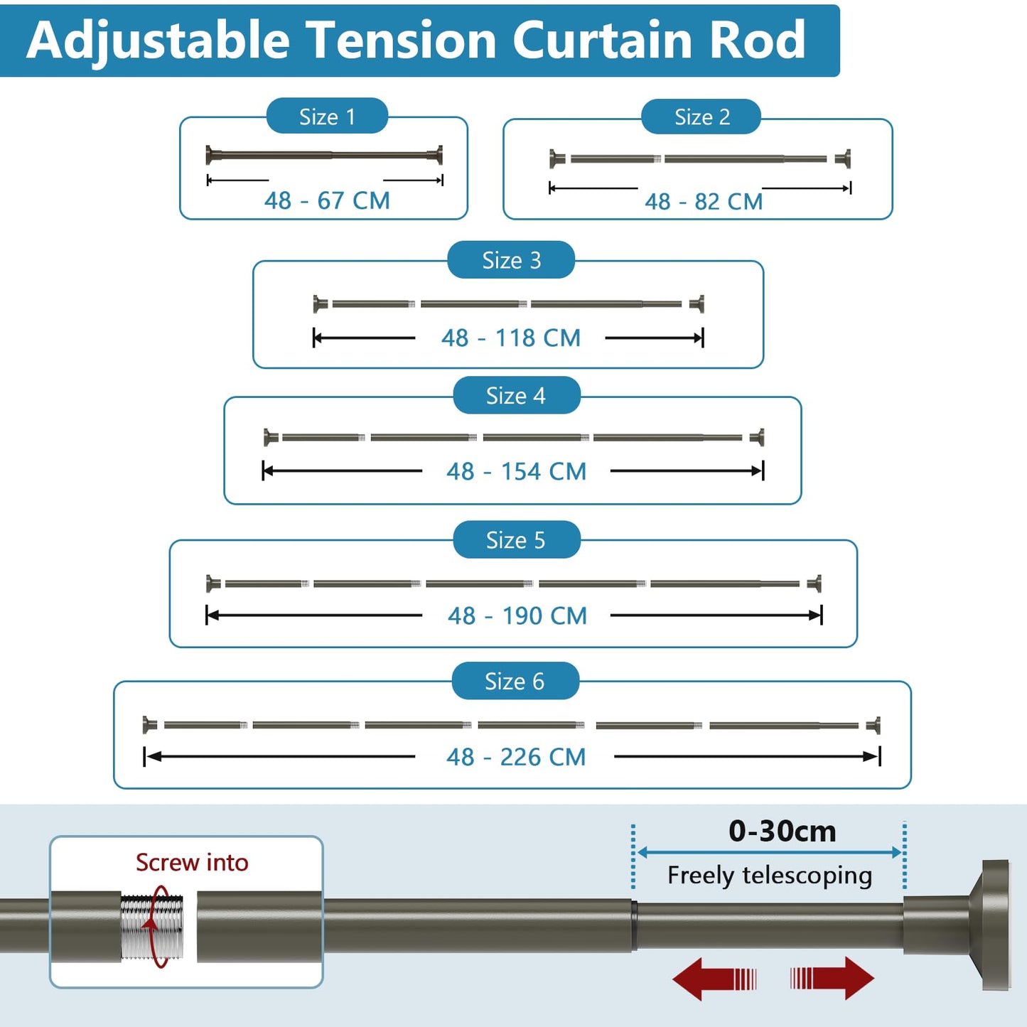 WELDUN Extendable Curtain Tension Rod, 48-226CM No Drill Telescopic Shower Curtains Rail, Adjustable Strong Spring Rod for Window Bathroom, Bedroom