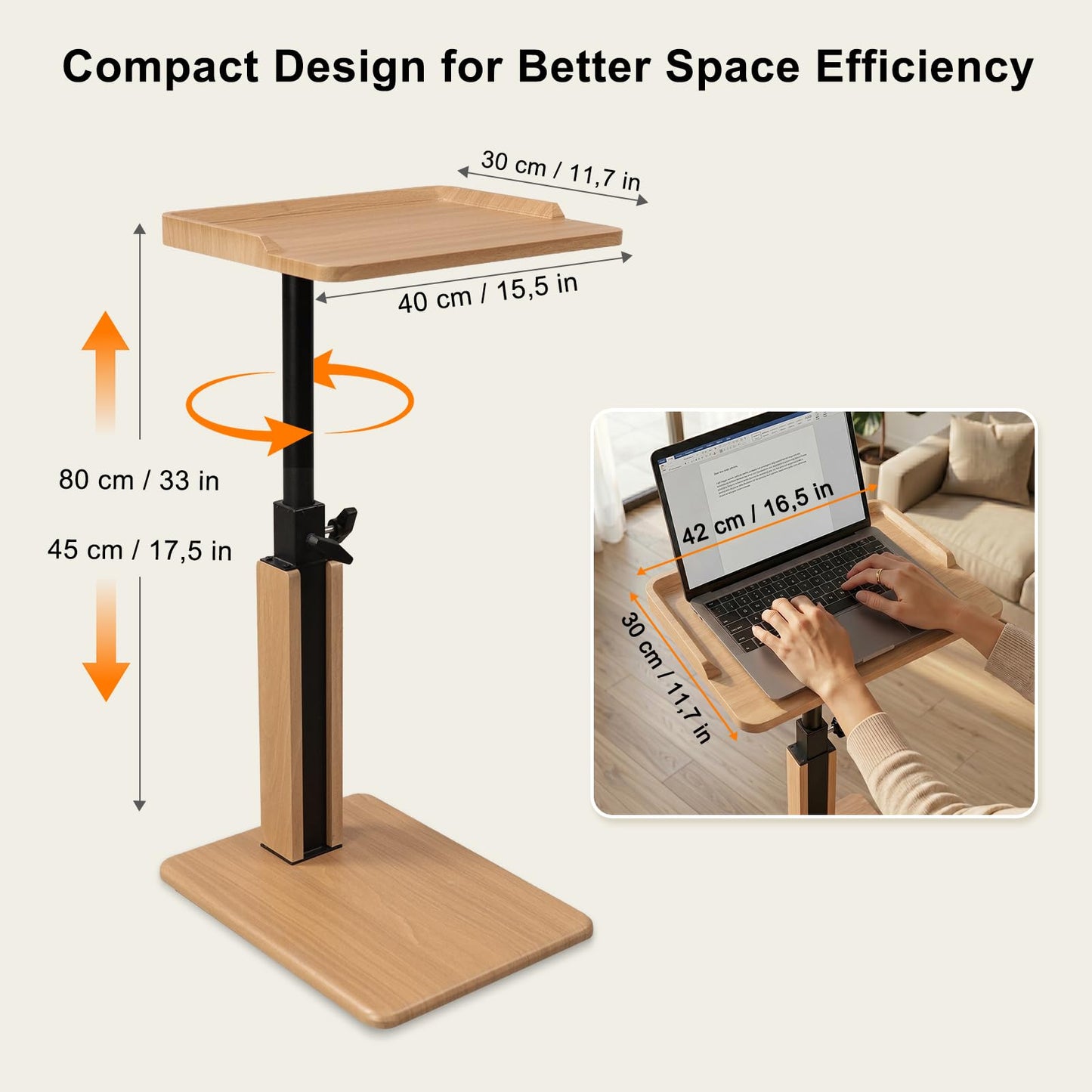 Bingyouth C Shaped Side Table, Adjustable Sofa Table 45-80 cm with Raised Wooden Tray Edges, Oak End Table for Living Room, Armchair Table