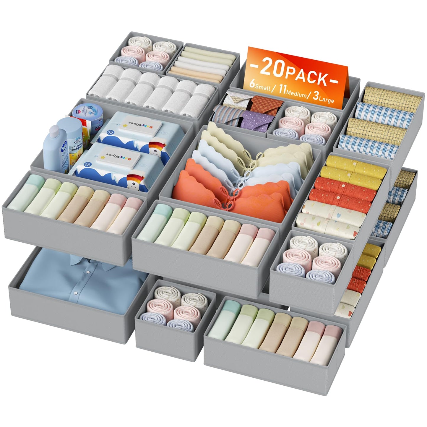 DIMJ Drawer Organizer Clothes - 20 Pack Closet Drawer Organizer Bins for Baby Clothes Storage, Fabric Dresser Organizer for Nursery Bedroom