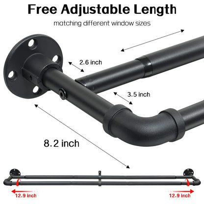 Harrms Industrial Double Curtain Pole, Curtain Poles for Eyelet Curtains, Matt Black, 74-273cm, Extendable Metal Curtain Rod Blackout Room Darkening