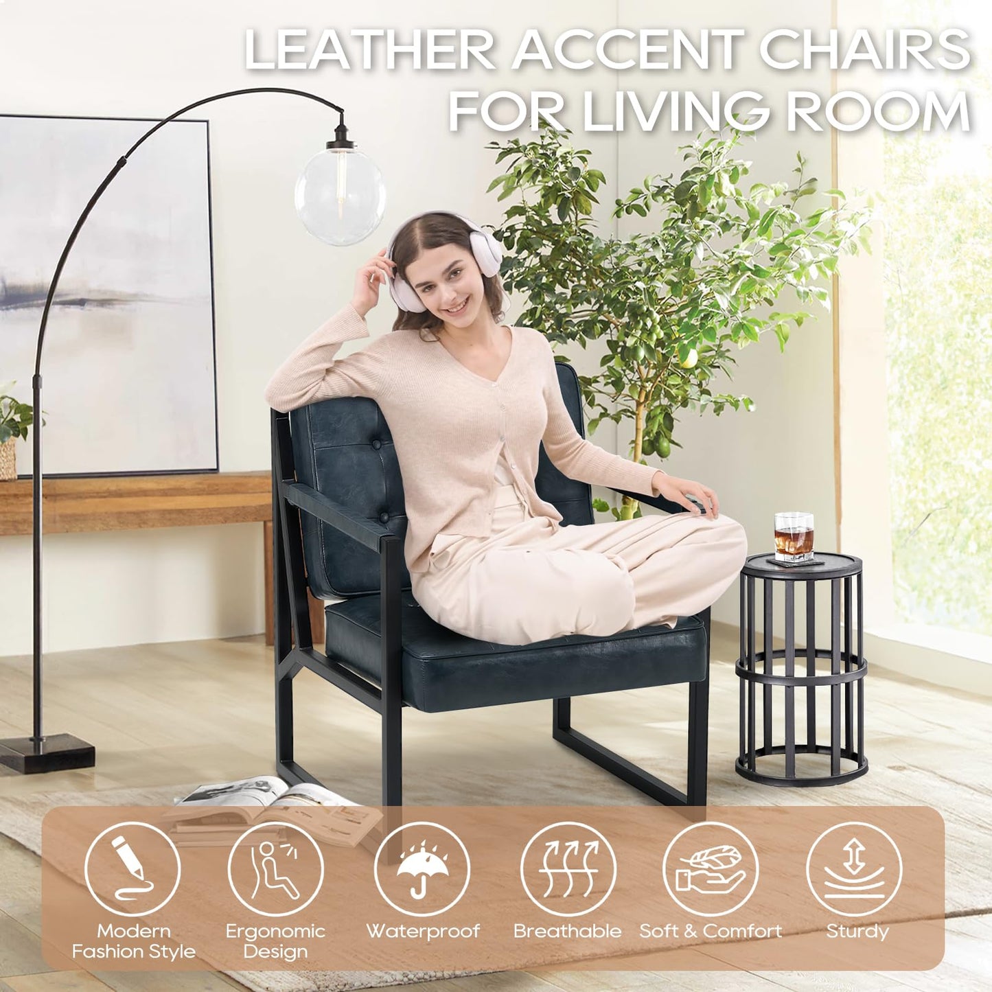 COLAMY Mid Century Modern Accent Chair Set of 2, Comfy Living Room Armchair with Metal Legs