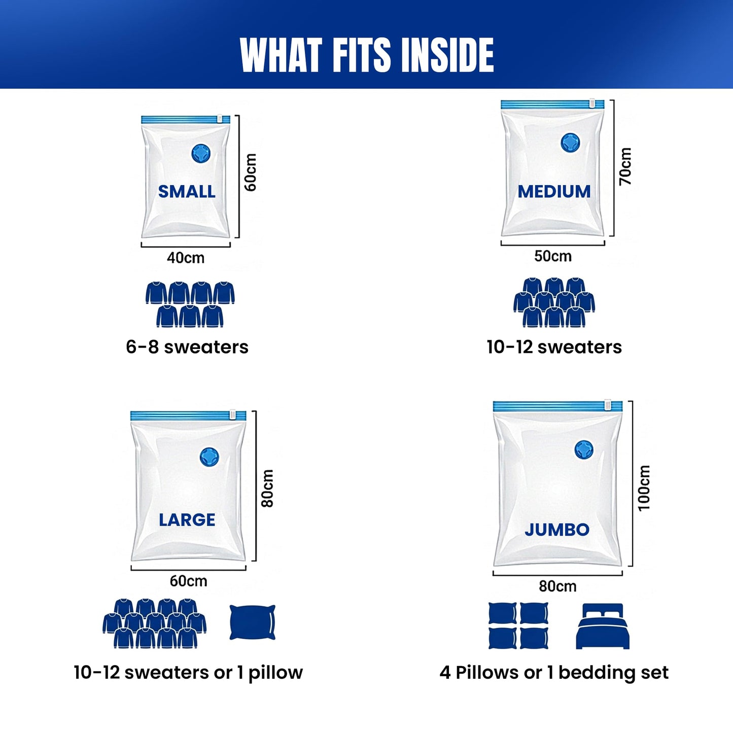 Clenvio Vacuum Compression Storage Bags with Free Hand Pump, 6 Pack Mixed Sizes, Transparent, Airtight Seal, Space Saver Bags for Clothes and Bedding