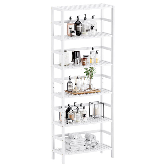 HITNET White Bookshelf, 6-Tier Adjustable Tall Bookcase, Bamboo Book Shelf Organizer, Free Standing Storage Shelving Unit, Display Flower Plant Stand