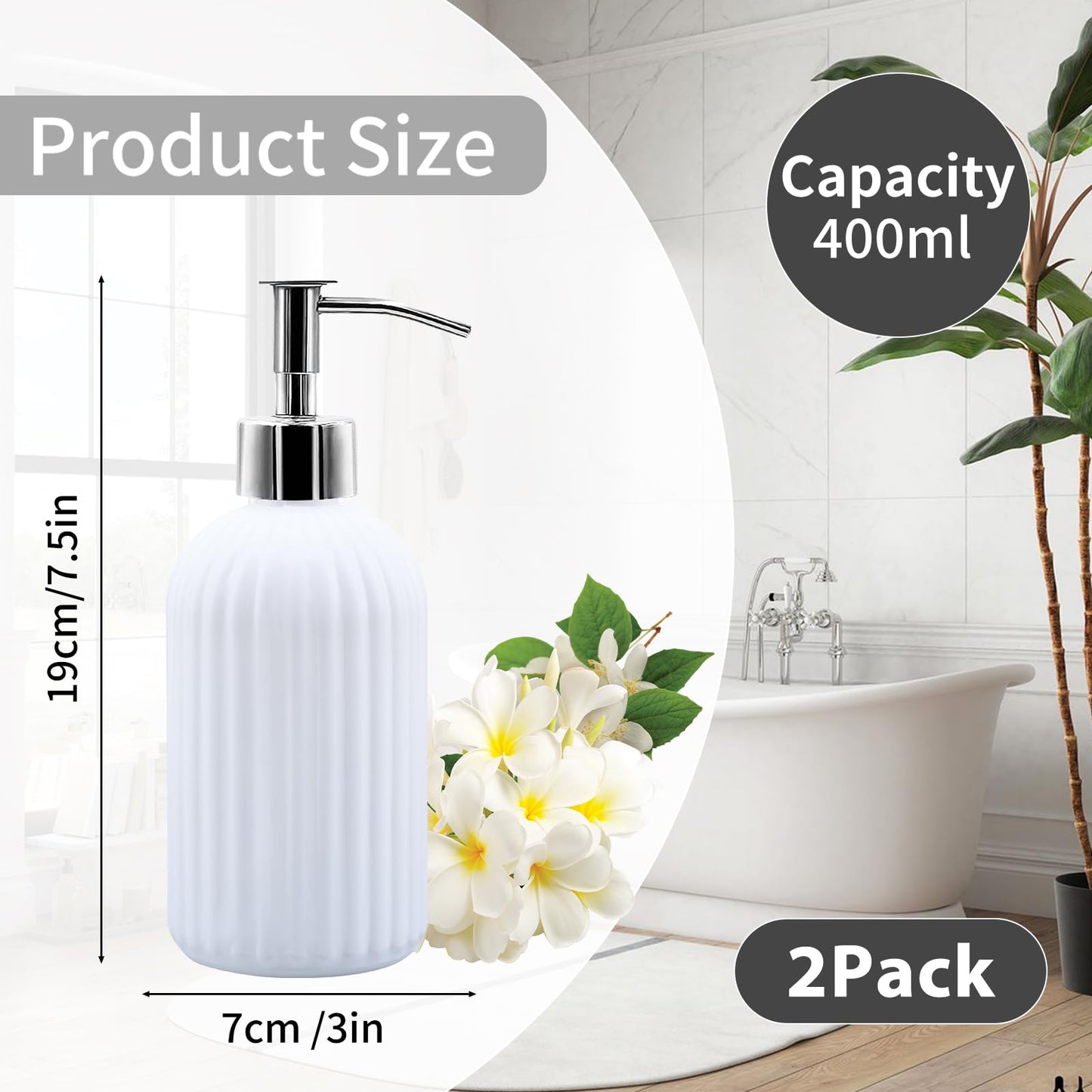 2 Pack Glass Soap Dispenser Bottle with Pump, 14 Oz Refillable Liquid Hand Jar Dispenser for Bathroom, Countertop, Kitchen, Laundry Room (White)