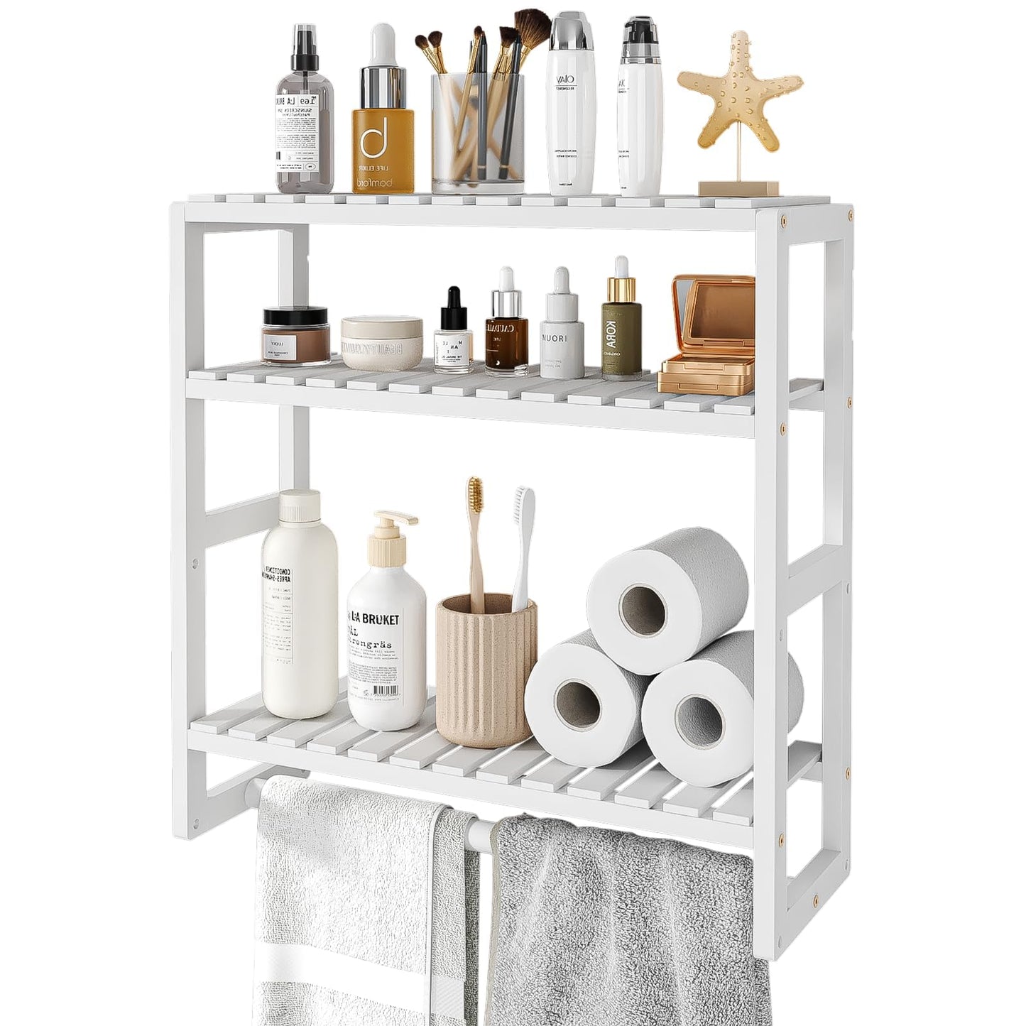Bamworld Bathroom Shelf Storage Adjustable Bamboo shelf 3 Tiered Over Toilet Rack Bathroom Organizer for Space-Saving Wall Mount Stand Used in the