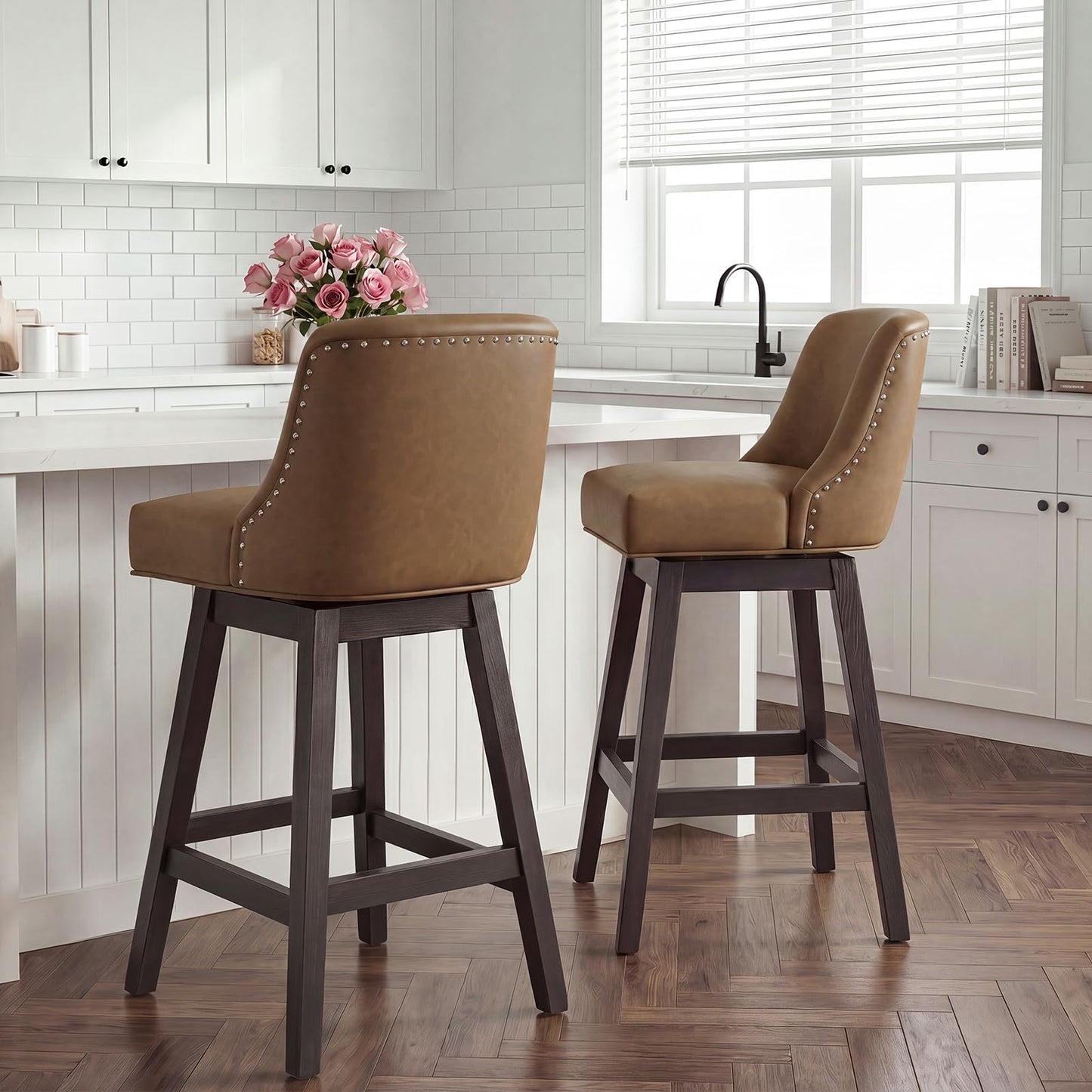 Bar Stools Set of 2, 360° Swivel Upholstered Counter Stools with Back, Wooden Frame Kitchen Bar Chairs with Nailhead Trim