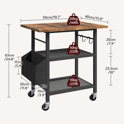 MAHANCRIS 3-Tier Printer Stand, Rolling Printer Table on Wheels, Industrial Storage Stand with Side Pocket, Wooden Tabletop