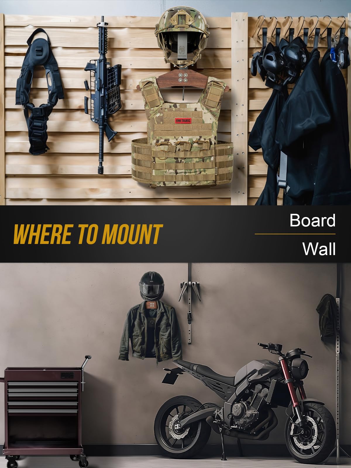 OneTigris Motorcycle Helmet Holder Wall Mount, Heavy Duty Gear Rack
