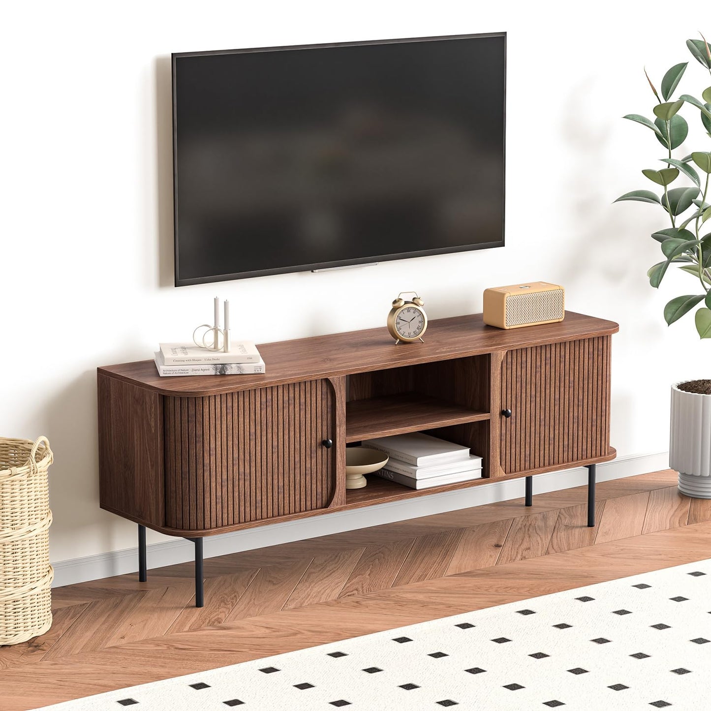 Skokliz TV Stand Cabinet for TVs up to 65 inch, Mid-Century Modern TV Console with 2 Tambour Door Storage, 150cm Long TV Cabinets for Living Room