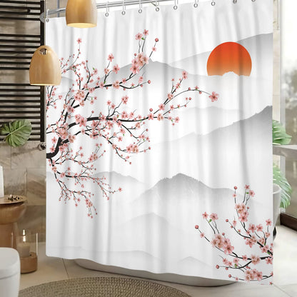 SDOTPMT 120x180cm Asian Cherry Blossom Shower Curtain Japanese Mount Fuji Peach Blossom Branch Bathtub Curtain Sunrise Mist Bathroom curtain for