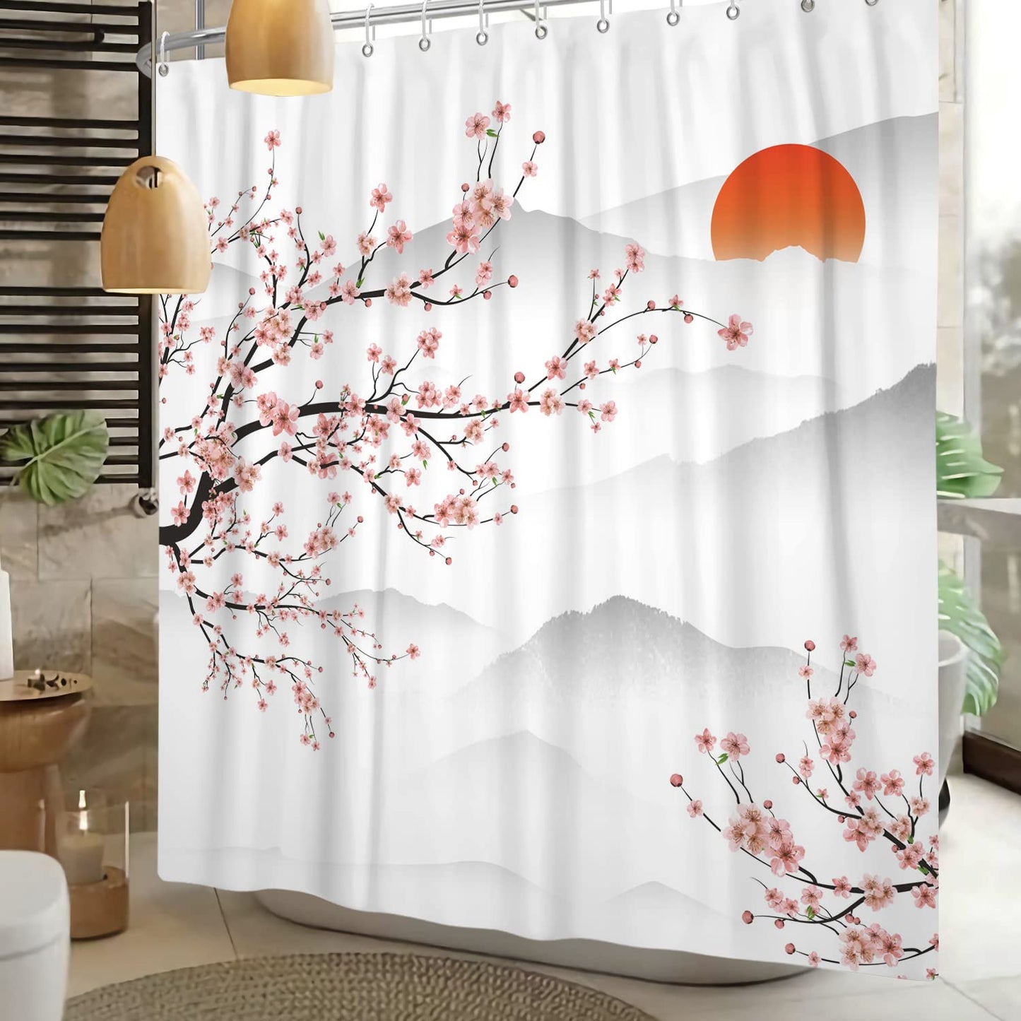 SDOTPMT 165x180cm Asian Cherry Blossom Shower Curtain Japanese Mount Fuji Peach Blossom Branch Bathtub Curtain Sunrise Mist Bathroom curtain for