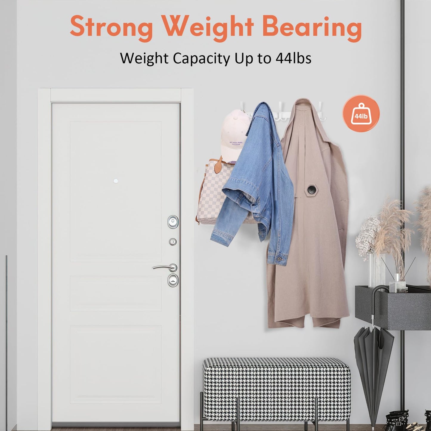 Optish Coat Hooks Wall Mounted, 2 Pack Coat Rack Wall Mount with 15 Hooks, White Wall Coat Hooks for Jackets, Hats, Bags, for Entryway, Bedroom