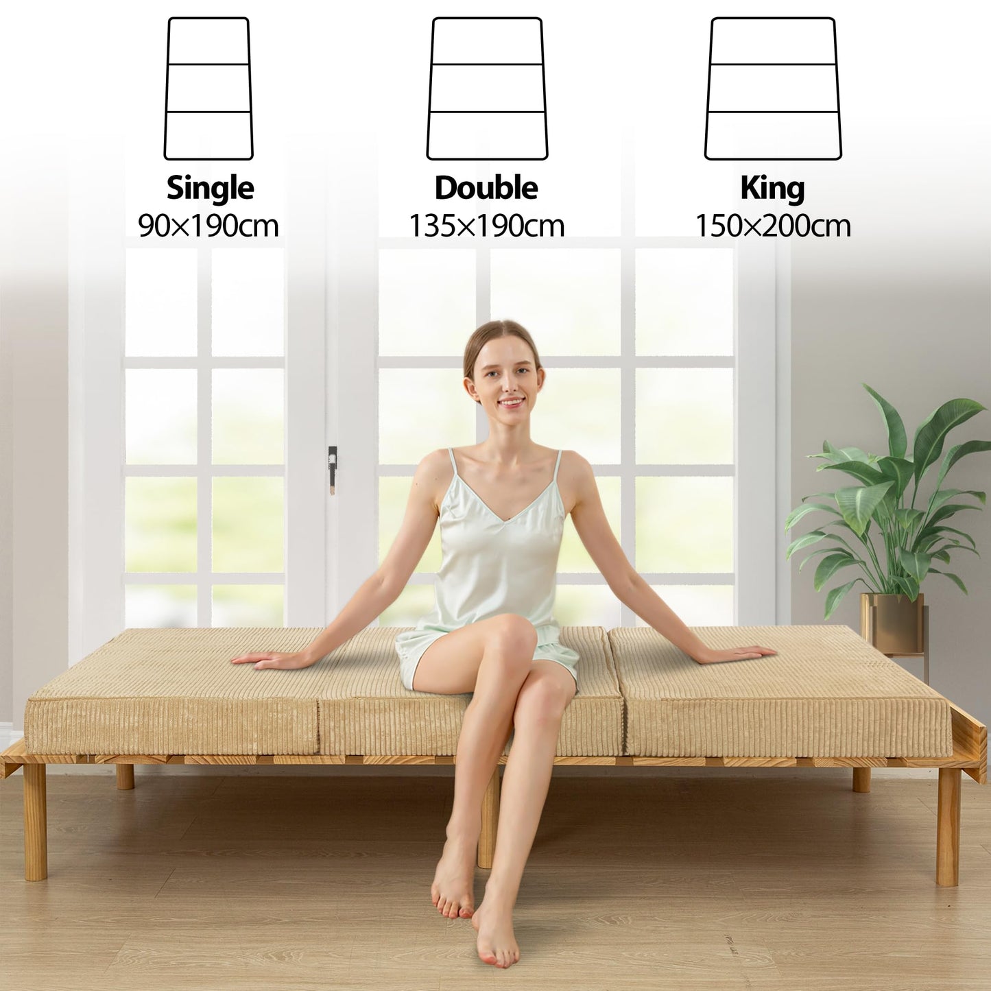 MAXYOYO Folding Corduroy Mattress, Tri Fold Floor Mattress 10cm thick with Washable Cover,Foldable in Three,Space-Saving for Guest (Camel, Double)