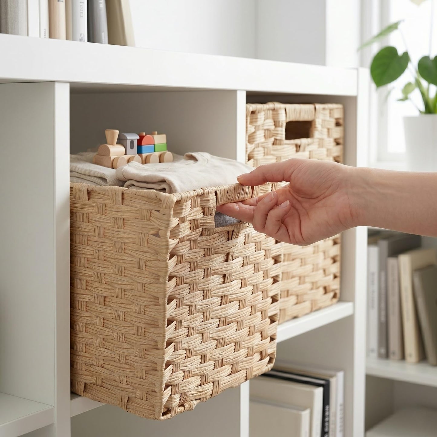 SOCOHOME Cube Storage Box,31x31x31cm Faux Rattan Boxes for Toy Clothes Shelf Nursery Closet Waterproof,Non-Mouldy(Light Beige, 4 Pcs)