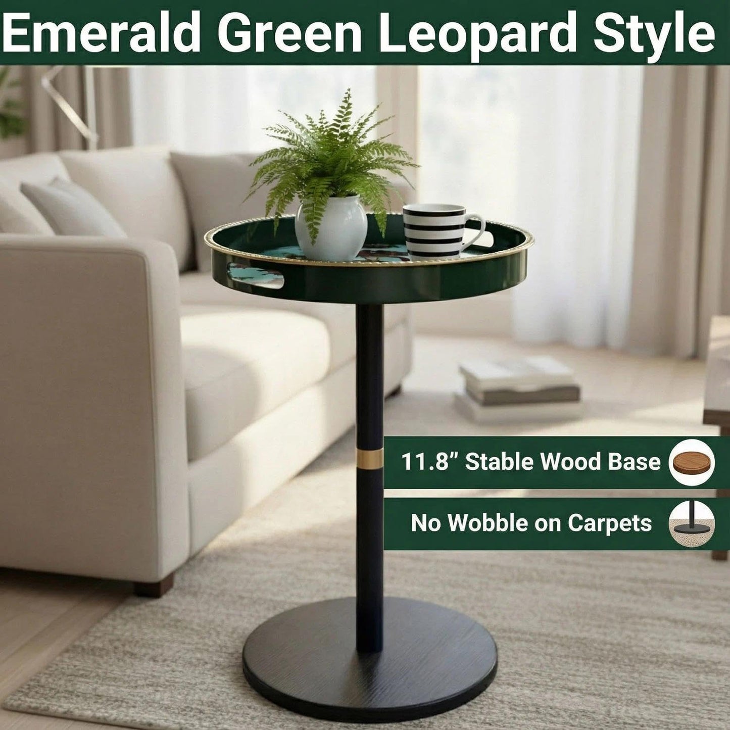 Simmer Stone Boho Round Side Table With Tray Top, Pedestal Drink Table for Small Spaces, Aesthetic Accent Nightstand for Living Room, Corners