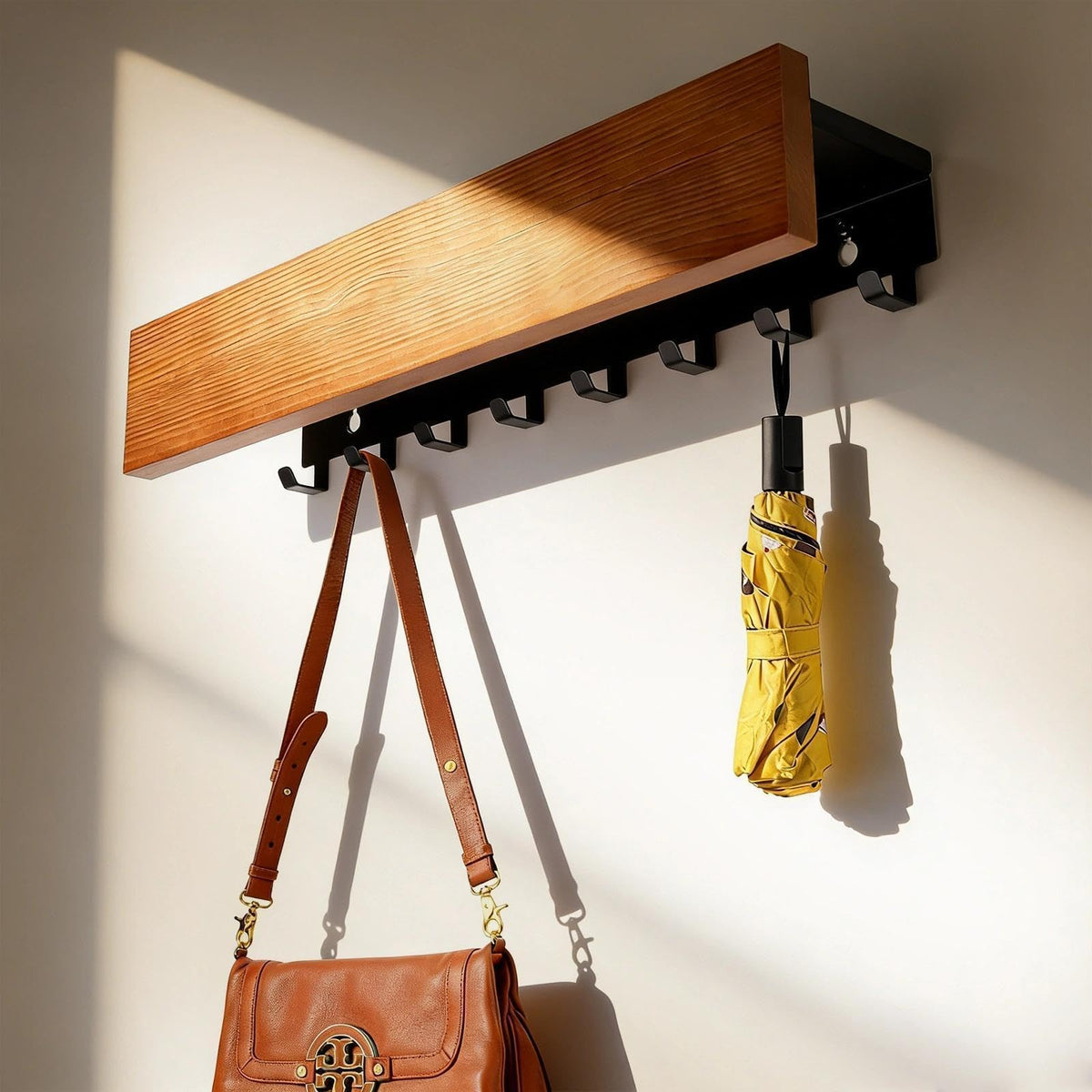 WJUAN Coat Hooks with Shelf, Wall Mounted Coat Rack – 40 cm 8-Hook Hidden Organiser, Black and Brown