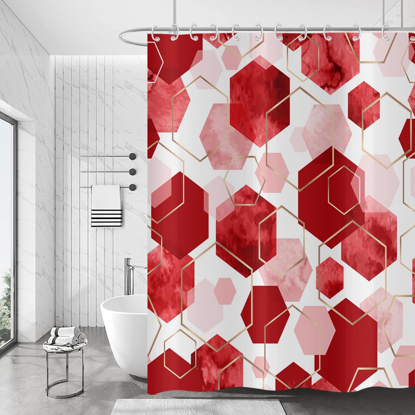 Hnmdmyi Red Shower Curtain 180x200, Modern Geometric Hexagon Abstract Art Bathroom Curtains Waterproof Polyester Fabric Washable Bath Curtains with