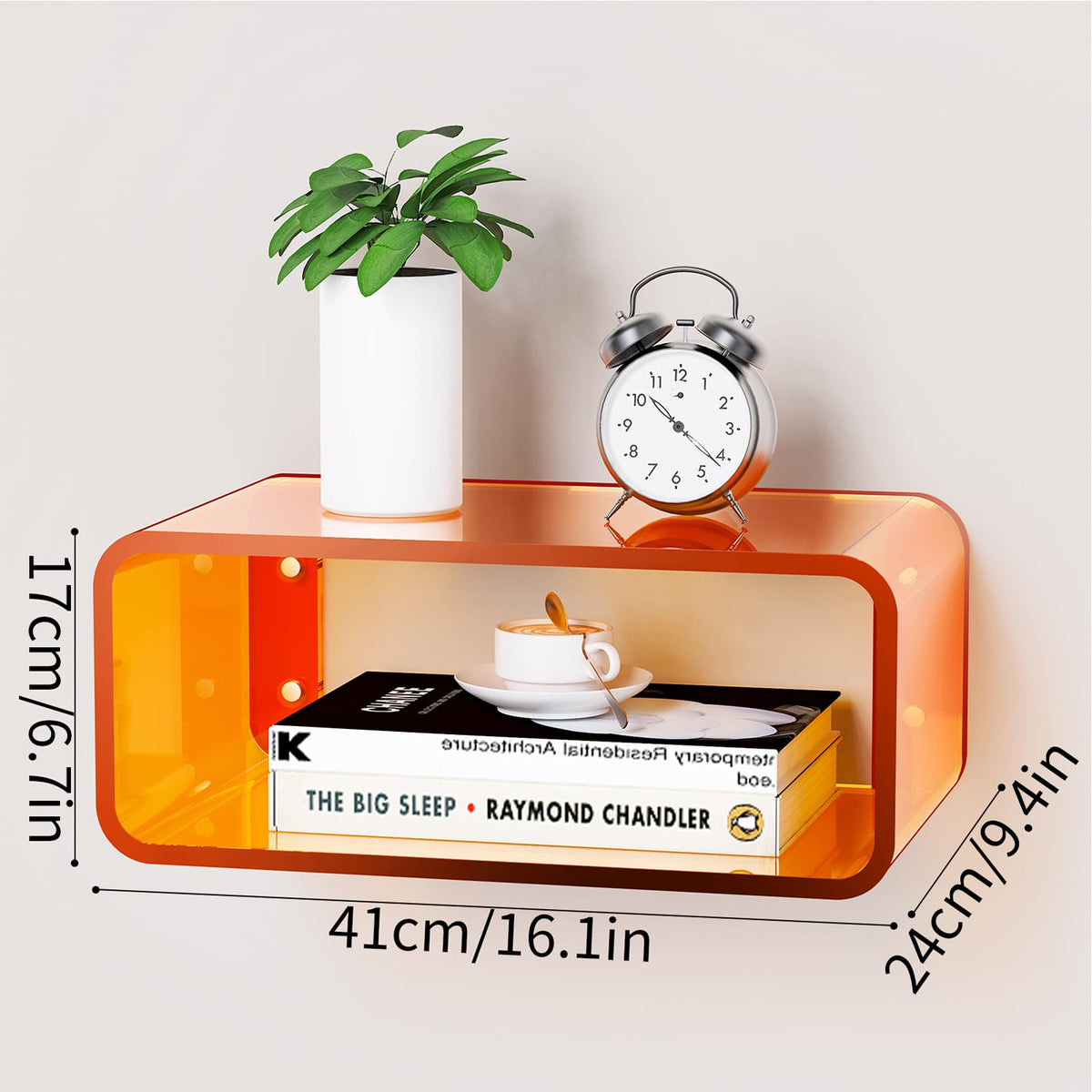 Dewrhiixe Acrylic Floating Bedside Table, Wall Mounted Nightstand Bedside Shelf Orange, 41×24×17 cm