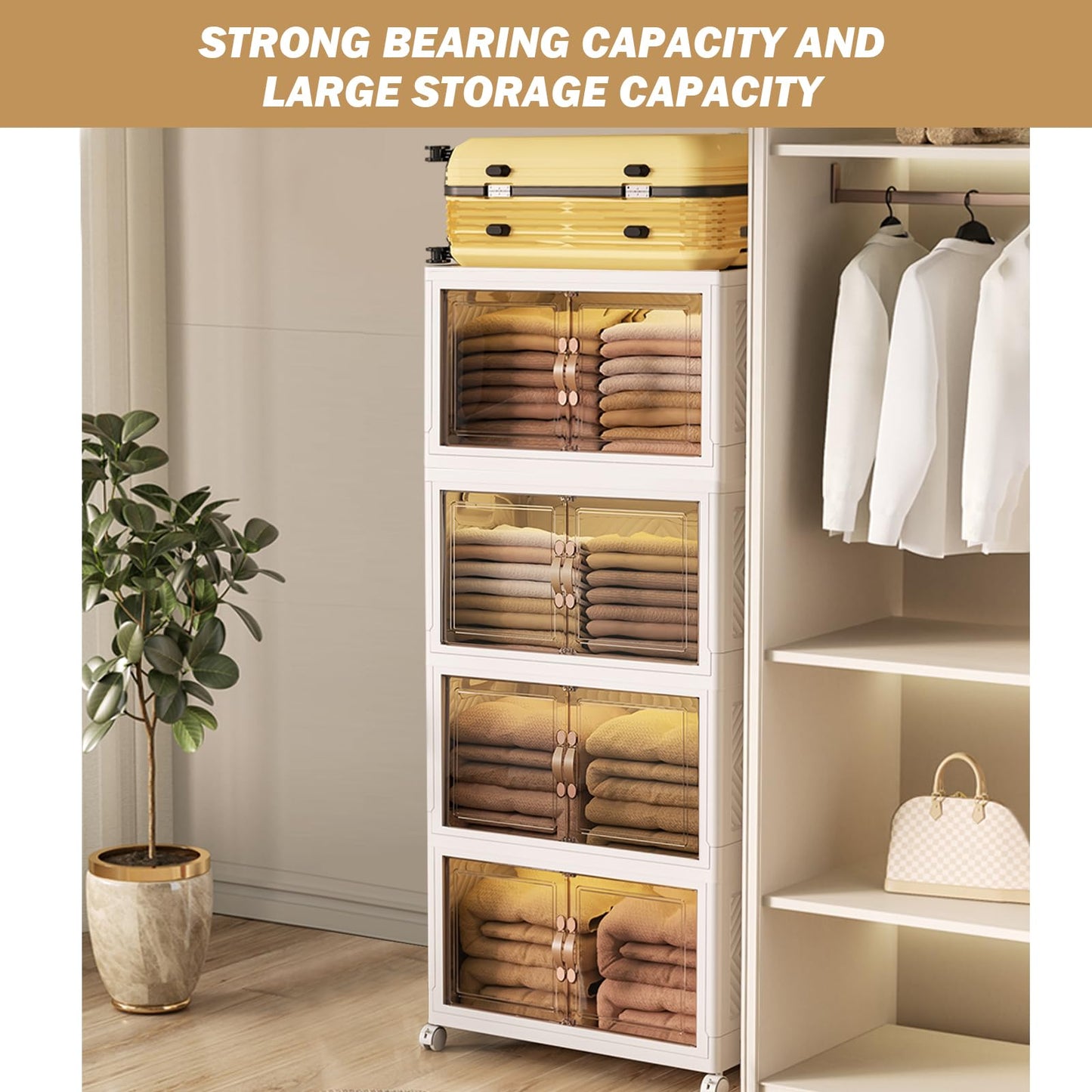 ELPHECO Storage Boxes with a lid, 4-Piece Large Collapsible Wardrobe, Stackable Storage Boxes with wheels Plastic Collapsible Organiser Kitchen