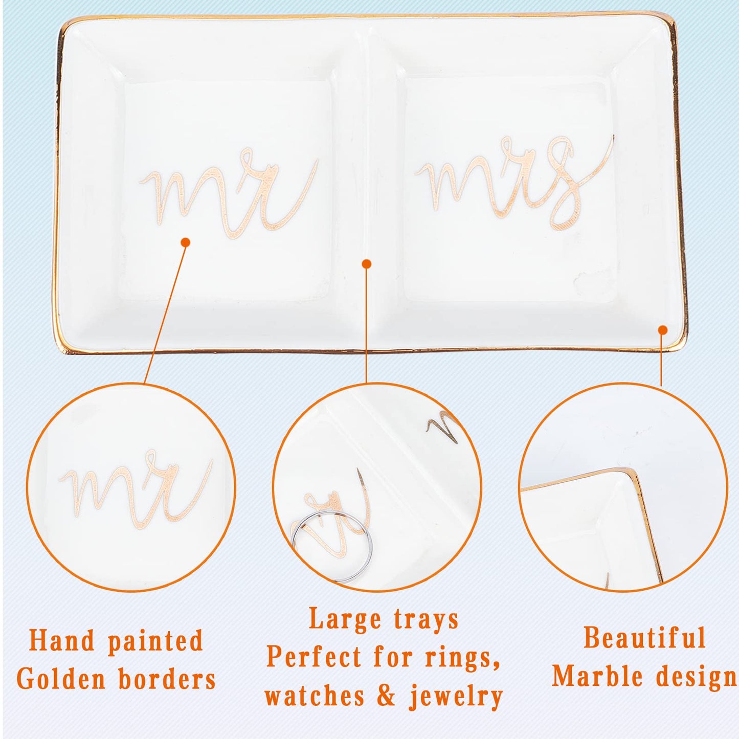 NICENEEDED Mr & Mrs Ring Dish, Two Section Trinket Tray for Wedding Engagement Rings Couples Gifts