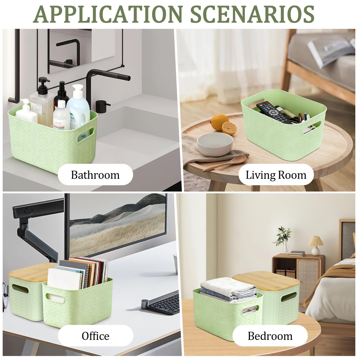 RWFMO 4 Pcs Plastic Green Storage Baskets with Bamboo Lid for Bathroom