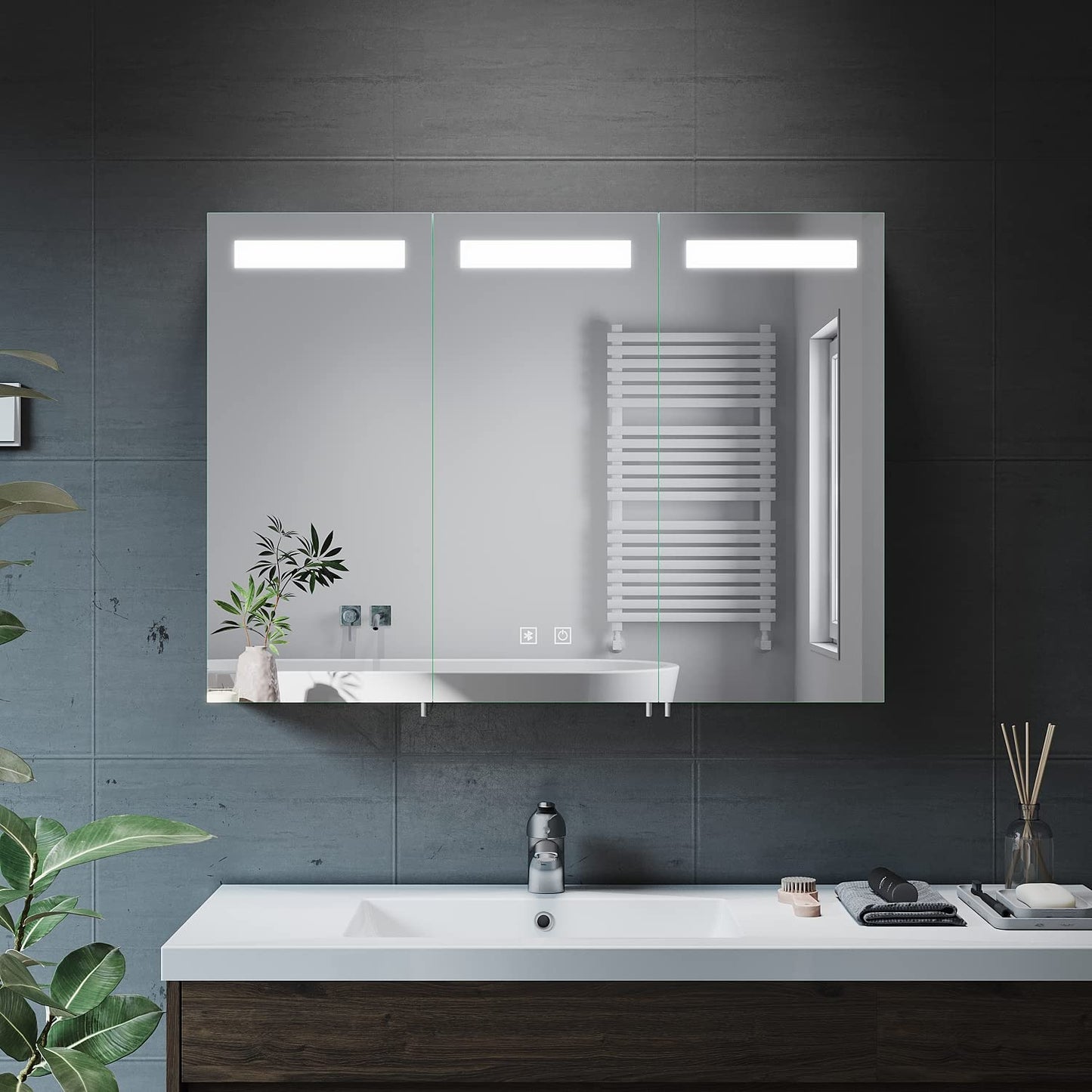 ELEGANT Large Bathroom Cabinets Wall Mounted with Bluetooth and Shaver Socket Stainless Steel Illuminated Bathroom Wall Cabinets Dimmer