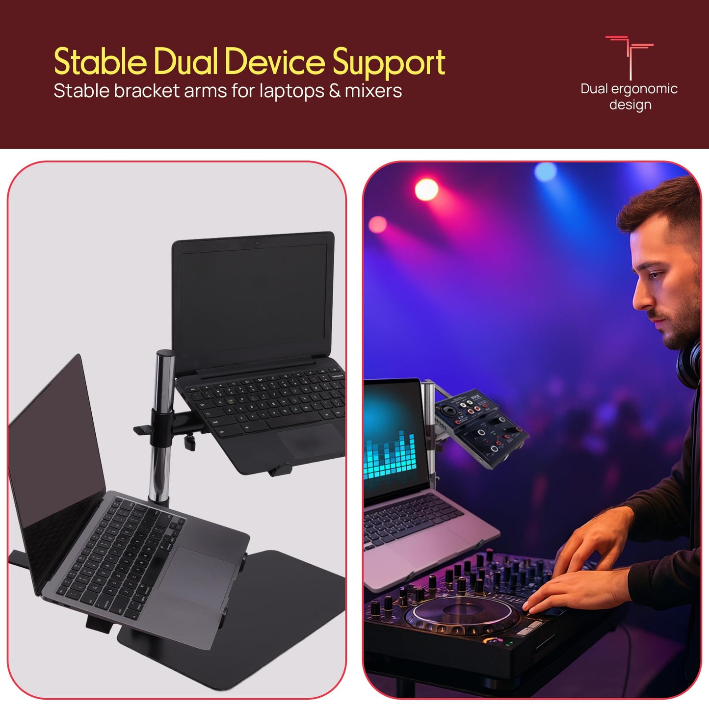 Pyle Dual Tray Laptop Stand Adjustable Height Portable Desk Mount Ergonomic Support for DJ Mixer Workstation Gaming Treadmill Setup