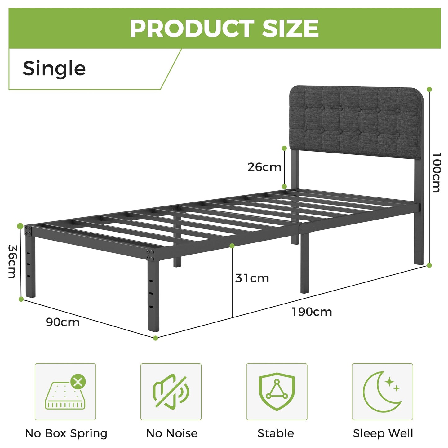 Lutown-Teen Single Bed Frame with Black Upholstered Headboard