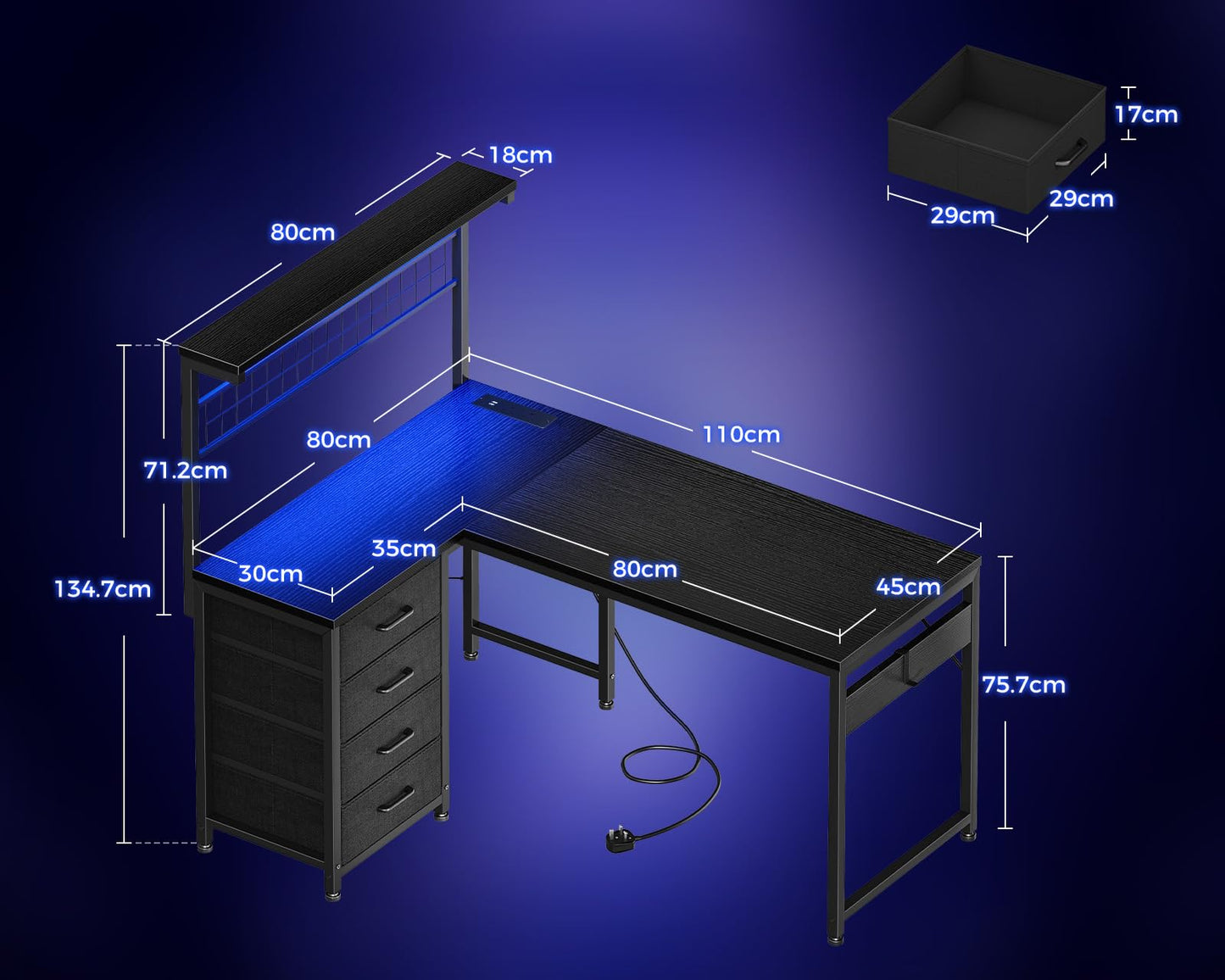 Coleshome L Shaped Gaming Desk with Drawers & Shelf, 110 × 80 cm