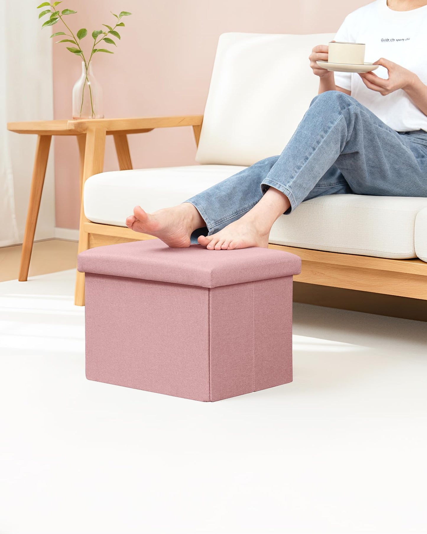 Bonlife Ottoman Storage Box - Foldable Rectangular Footstool for Living Room, Kids Toy Chest with Lid, Multi-Use Seat & Storage, Pink, 42x32x32 cm