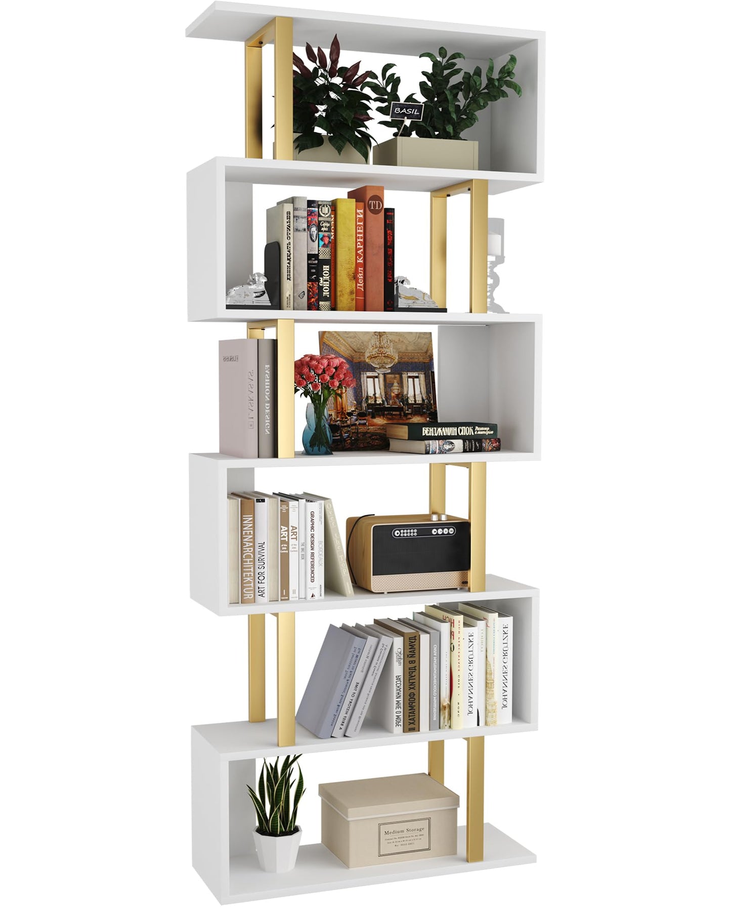 Yusong Bookshelf 6-Tier, Geometric Bookcase S Shaped Book Shelves for Bedroom, Modern Wood Decorative Display Shelf Tall Book Case for Home Office