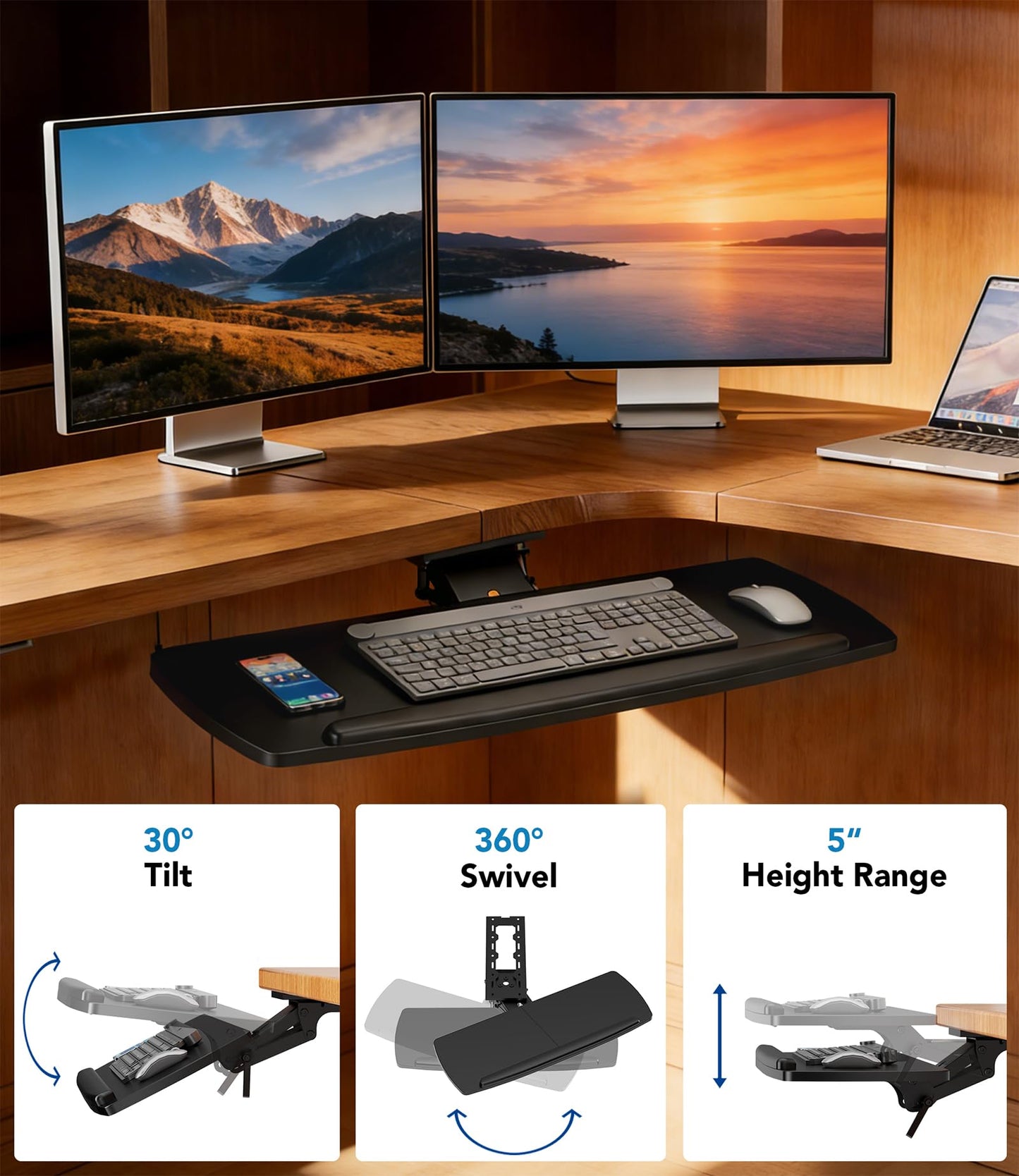 AX WABER Keyboard Tray Under Desk with Storage Drawer, Height Adjustable Keyboard Tray Slide Out 360° Swivel Tilt