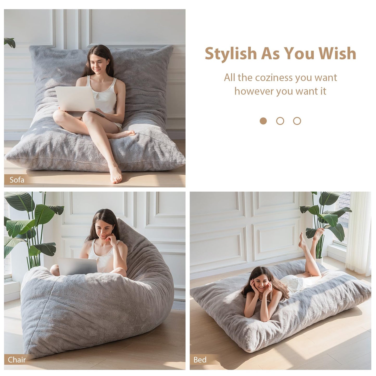 MAXYOYO Giant Bean Bag Bed - Square Bean Bag Chair - Large Sofa with Plush Cover and Fluffy Filling Included for Adult, Couples, Guest (Gray, Full)